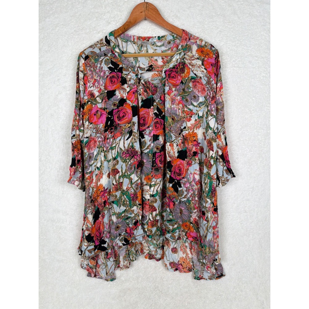 Jodifl Tunic Top Womens Small Multi Color Floral Boho Rayon Split Neck J2161